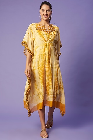 Mustard Yellow Hand-Dyed Shibori Kaftan  by Sierra The Label