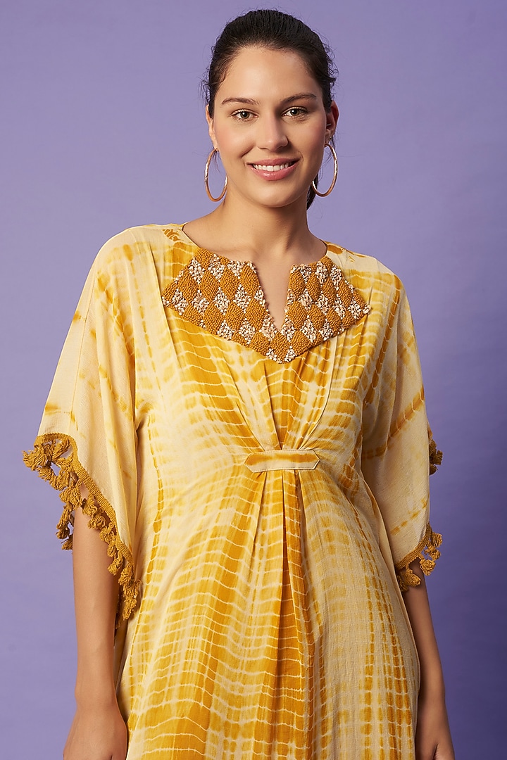 Mustard Yellow Hand-Dyed Shibori Kaftan by Sierra The Label at Pernia's Pop Up Shop