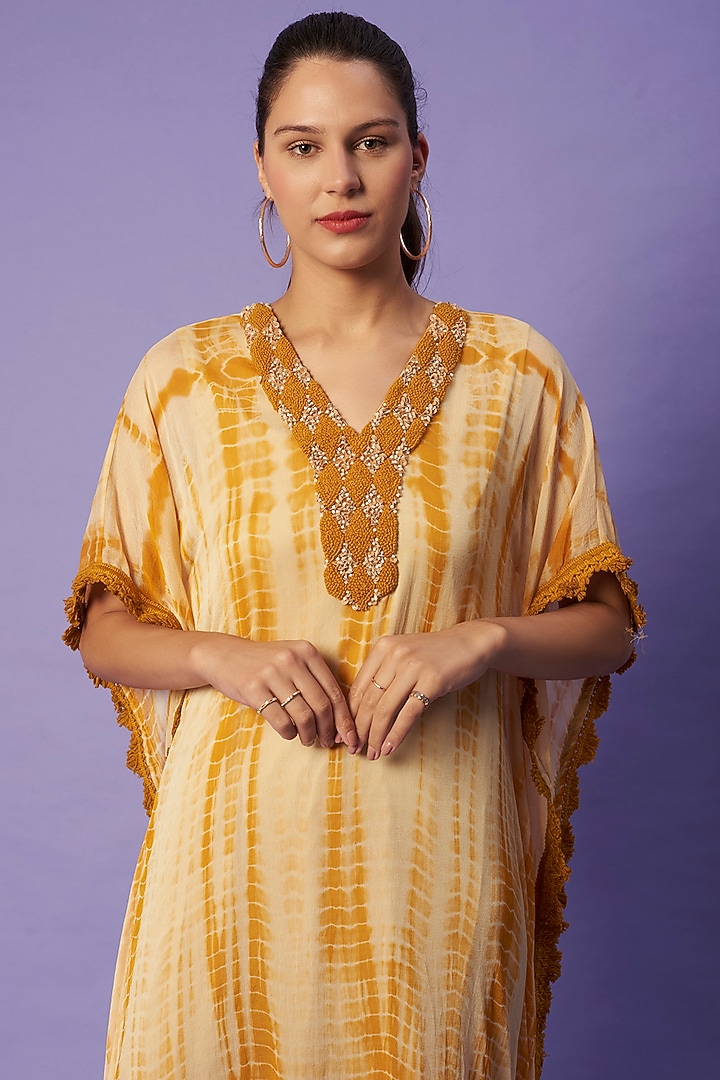 Mustard Yellow Shibori Printed Kaftan by Sierra The Label at Pernia's Pop Up Shop
