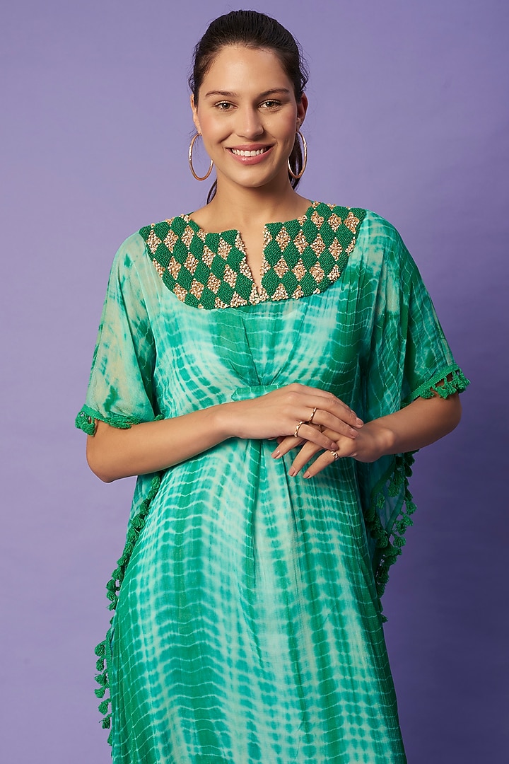 Green Shibori Tie-Dyed Kaftan by Sierra The Label at Pernia's Pop Up Shop