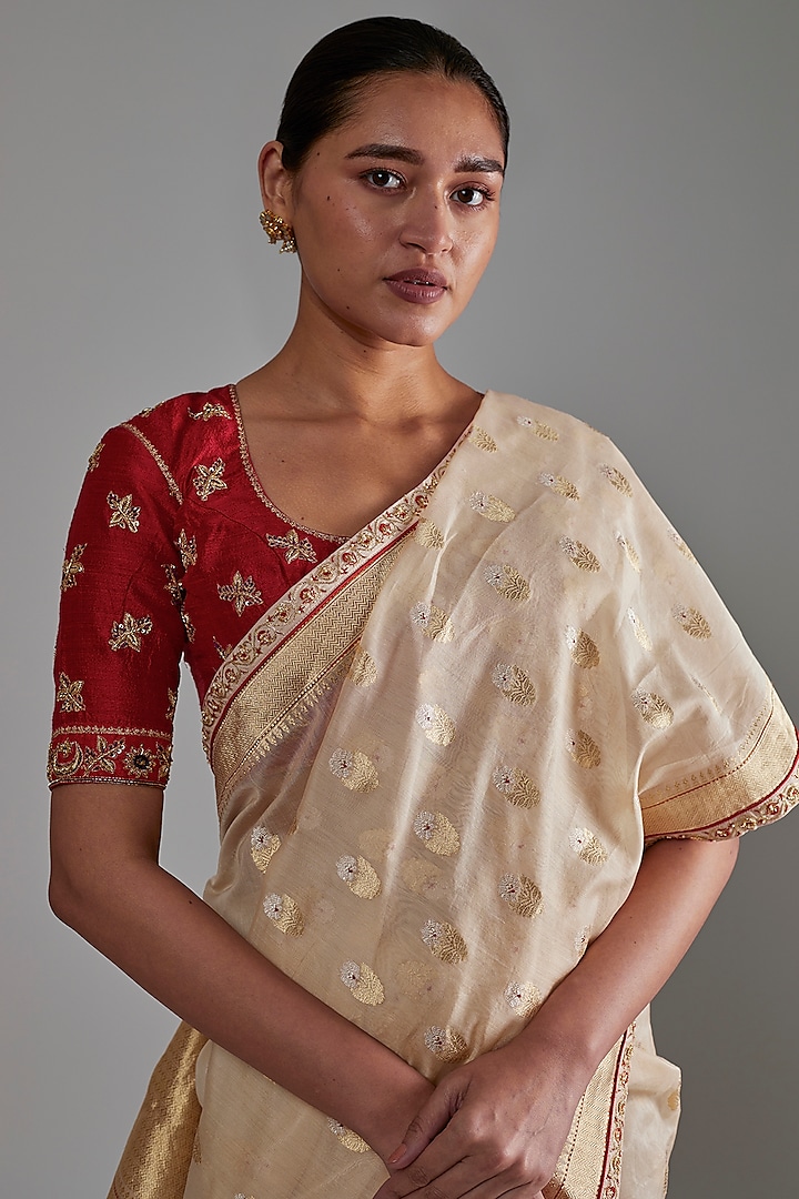 Red Silk Embroidered Blouse by Shimai Jayachandra