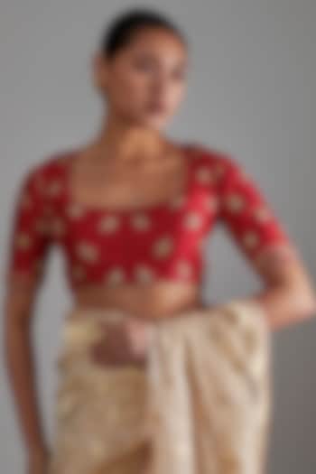 Red Silk Embroidered Blouse by Shimai Jayachandra