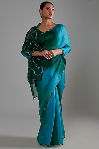 Blue Silk Organza Aari Embroidered Ombre Saree Set by Shimai Jayachandra