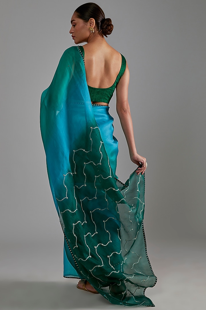 Blue Silk Organza Aari Embroidered Ombre Party Wear Saree Set by Shimai Jayachandra at Pernia's Pop Up Shop