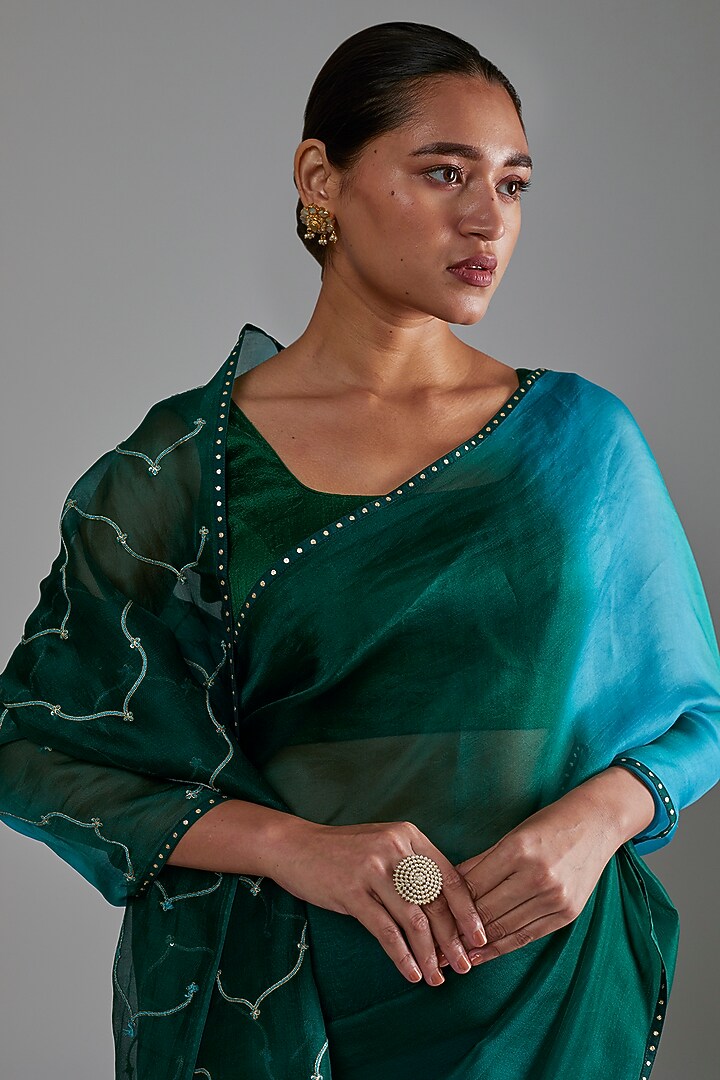 Blue Silk Organza Aari Embroidered Ombre Party Wear Saree Set by Shimai Jayachandra at Pernia's Pop Up Shop