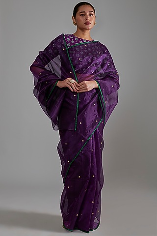 Violet Silk Organza Aari Embroidered Saree Set by Shimai Jayachandra