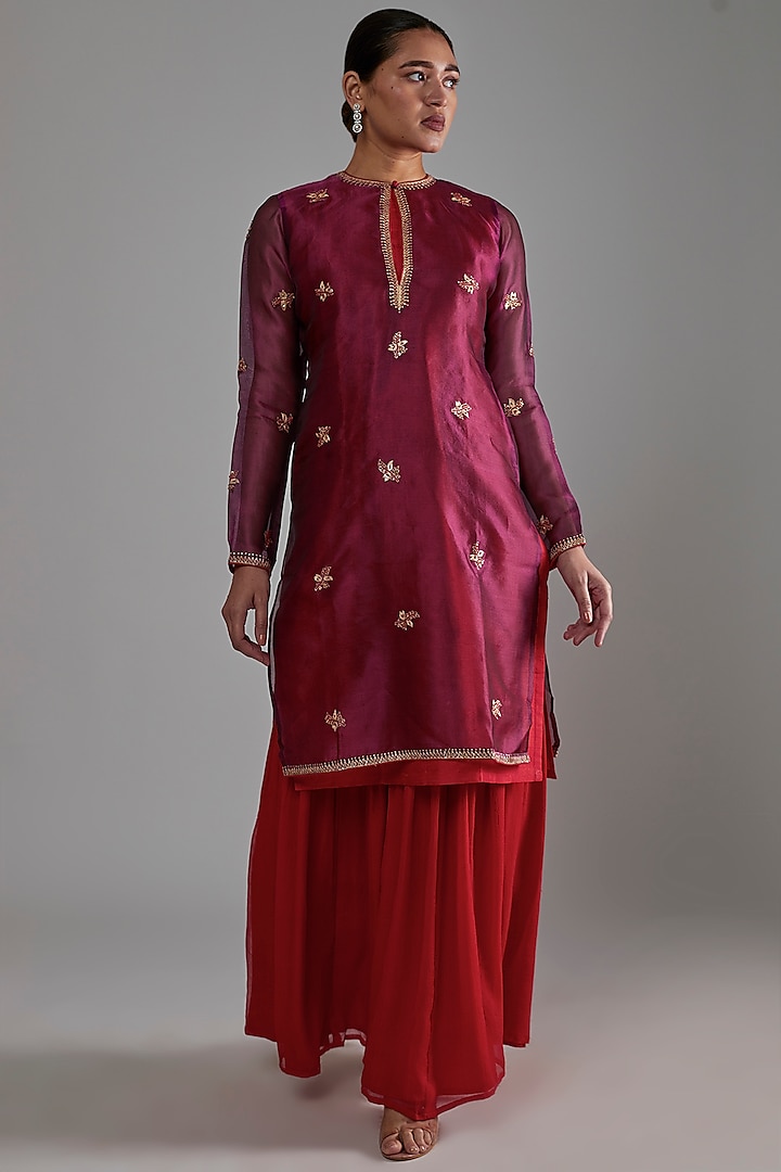 Red Silk Georgette Gharara Pants by Shimai Jayachandra