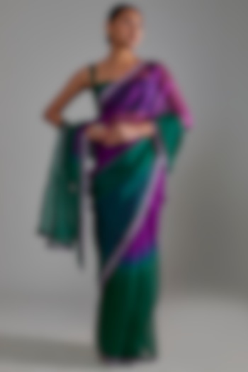 Purple & Green Ombre Silk Organza Hand Embroidered Saree Set by Shimai Jayachandra at Pernia's Pop Up Shop