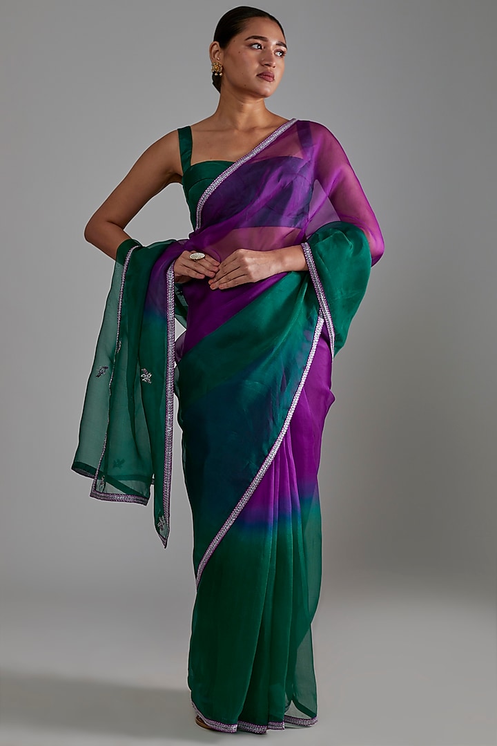 Purple & Green Ombre Silk Organza Hand Embroidered Saree Set by Shimai Jayachandra