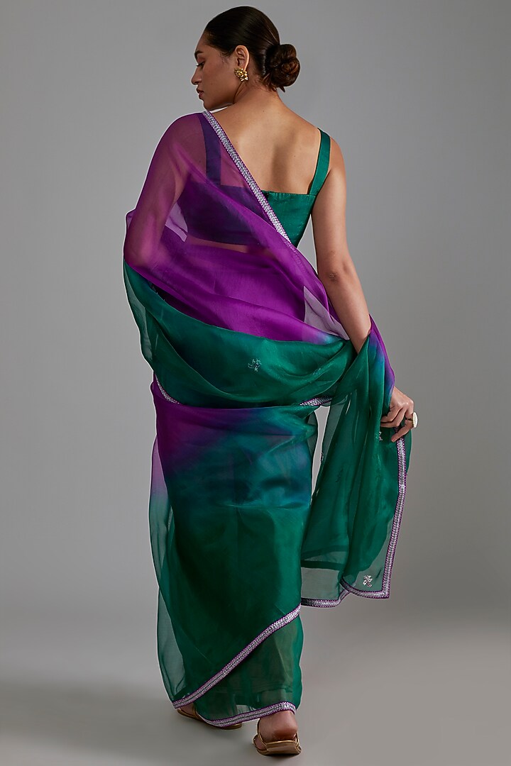 Purple & Green Ombre Silk Organza Hand Embroidered Party Wear Saree Set by Shimai Jayachandra at Pernia's Pop Up Shop