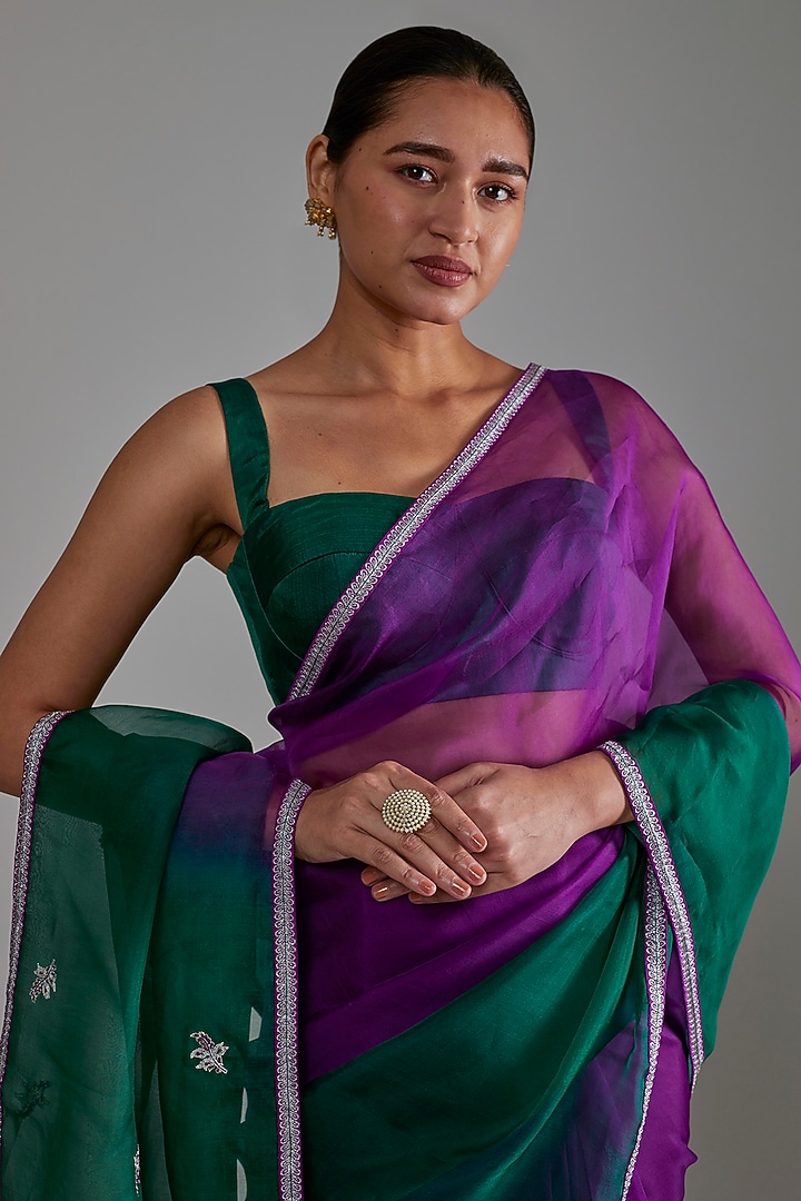 Purple & Green Ombre Silk Organza Hand Embroidered Party Wear Saree Set by Shimai Jayachandra at Pernia's Pop Up Shop