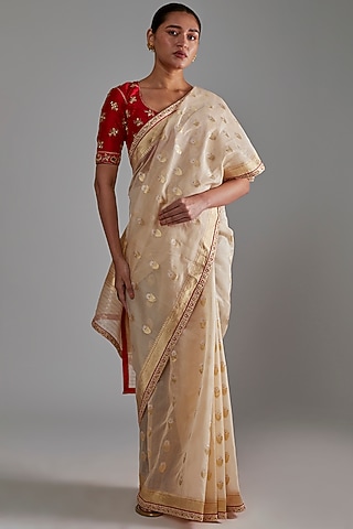 Beige Silk Cotton Zardosi Hand Embroidered Saree Set by Shimai Jayachandra