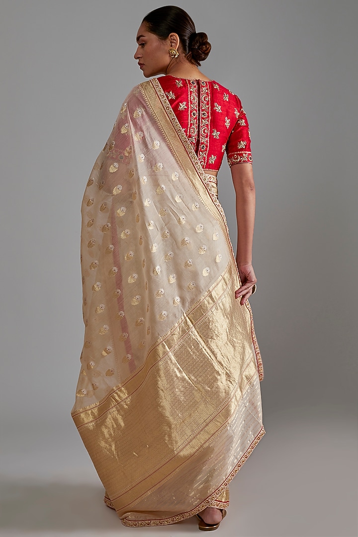Beige Silk Cotton Zardosi Hand Embroidered Wedding Saree Set by Shimai Jayachandra at Pernia's Pop Up Shop