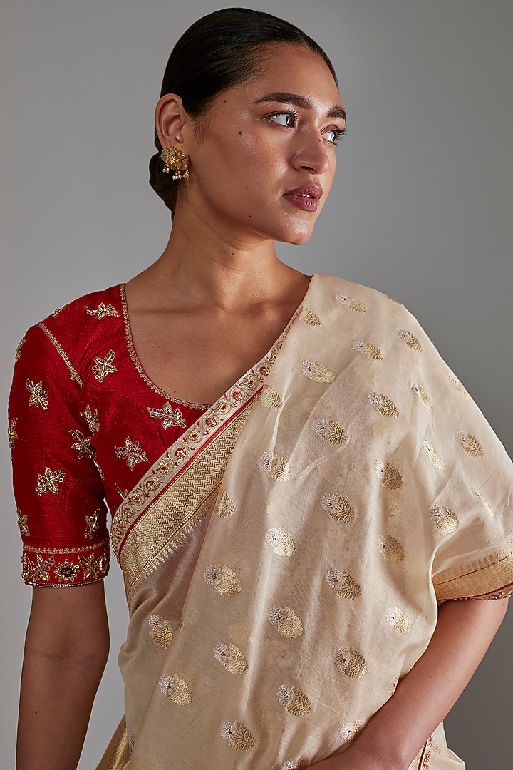 Beige Silk Cotton Zardosi Hand Embroidered Wedding Saree Set by Shimai Jayachandra at Pernia's Pop Up Shop