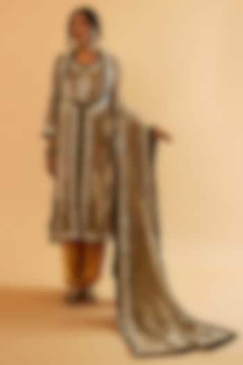 Mustard Velvet Gold Embroidered Bridal Anarkali Set by Sihali Jageer at Pernia's Pop Up Shop