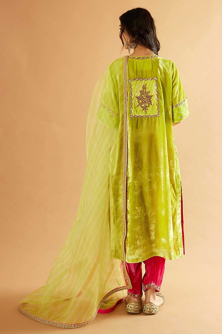 Lime Green Velvet Zardosi Embroidered Kurta Set by Sihali Jageer at Pernia's Pop Up Shop