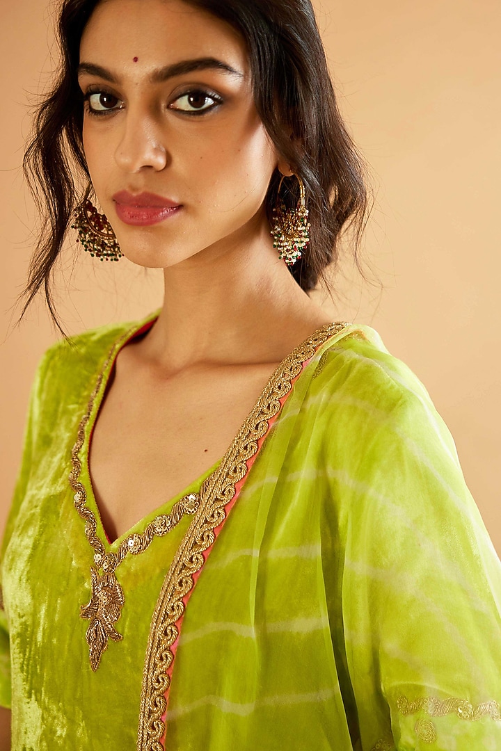 Lime Green Velvet Zardosi Embroidered Kurta Set by Sihali Jageer at Pernia's Pop Up Shop