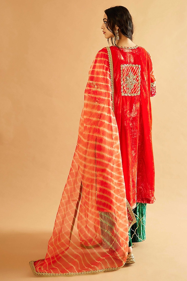 Flaming Orange Velvet Zardosi Embroidered Kurta Set by Sihali Jageer at Pernia's Pop Up Shop
