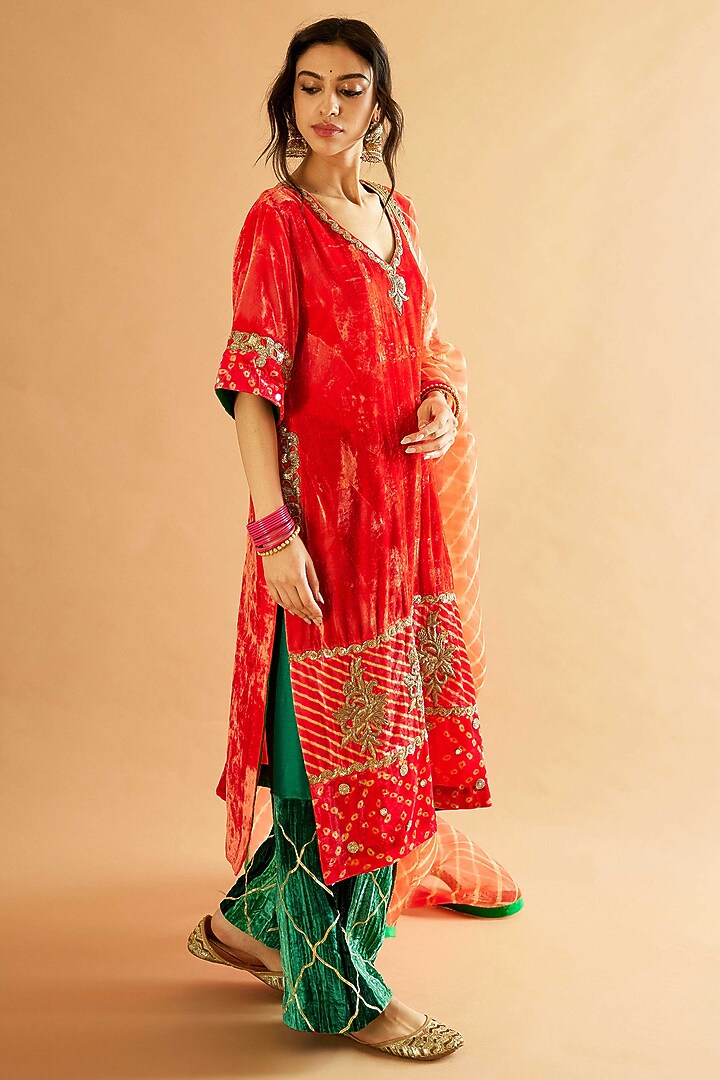 Flaming Orange Velvet Zardosi Embroidered Kurta Set by Sihali Jageer at Pernia's Pop Up Shop