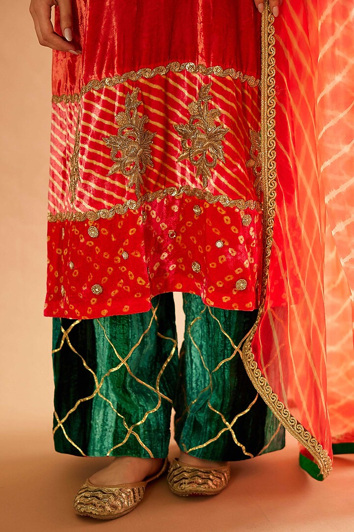 Flaming Orange Velvet Zardosi Embroidered Kurta Set by Sihali Jageer at Pernia's Pop Up Shop