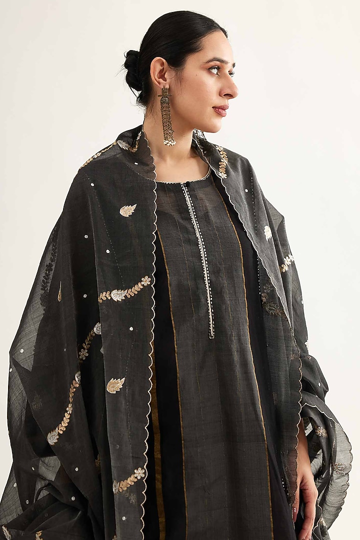 Surmai Charcoal Maheshwari Stripe Kalidar Kurta Set by Sihali Jageer at Pernia's Pop Up Shop