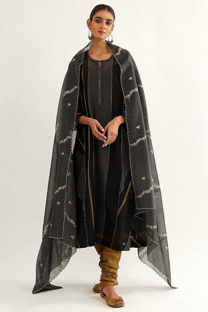 Surmai Charcoal Maheshwari Stripe Kalidar Kurta Set by Sihali Jageer at Pernia's Pop Up Shop