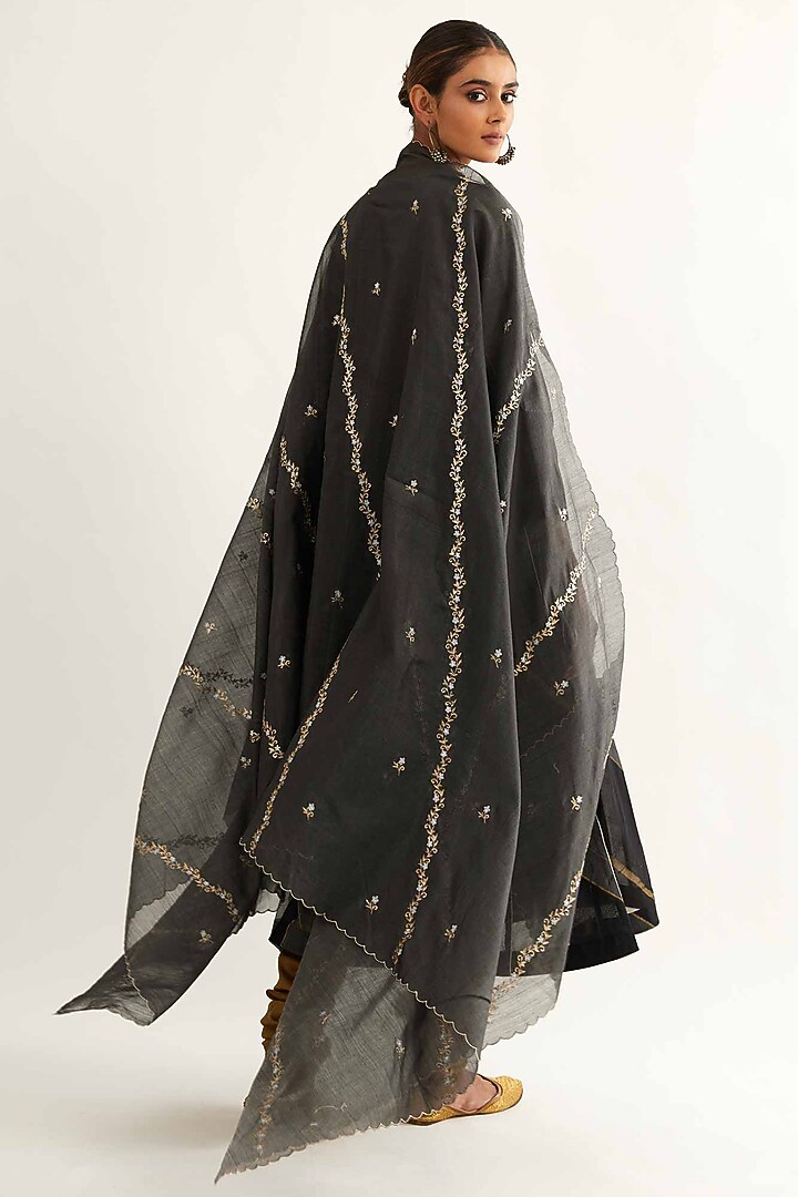 Surmai Charcoal Maheshwari Stripe Kalidar Kurta Set by Sihali Jageer at Pernia's Pop Up Shop