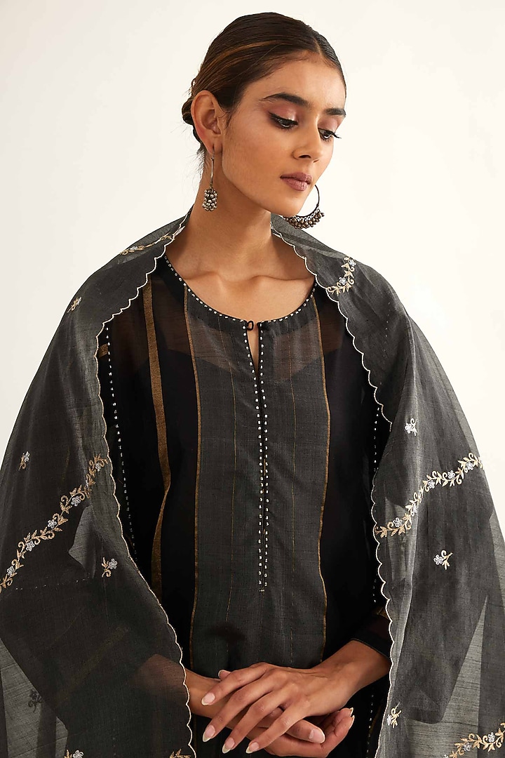 Surmai Charcoal Maheshwari Stripe Kalidar Kurta Set by Sihali Jageer at Pernia's Pop Up Shop