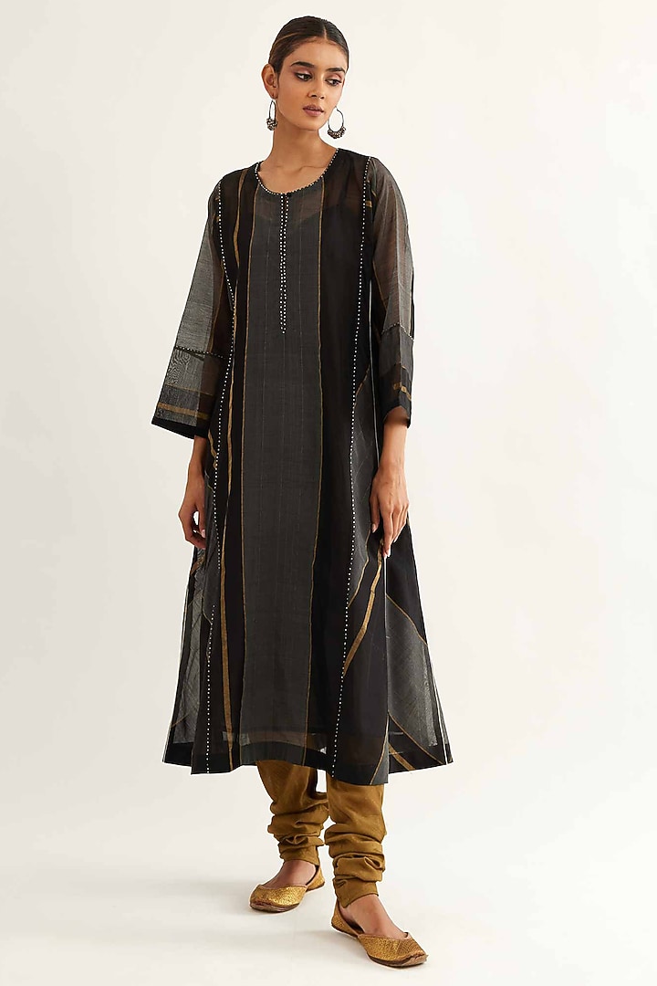 Surmai Charcoal Maheshwari Stripe Kalidar Kurta Set by Sihali Jageer at Pernia's Pop Up Shop
