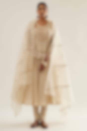 Off-White Maheshwari Stripe Embroidered Wedding Anarkali Set by Sihali Jageer at Pernia's Pop Up Shop