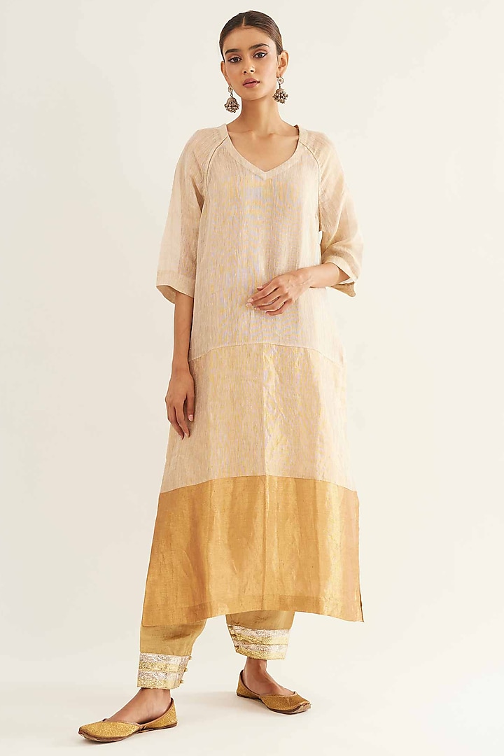 Beige & Gold Pure Tissue Linen Kurta Set by Sihali Jageer at Pernia's Pop Up Shop