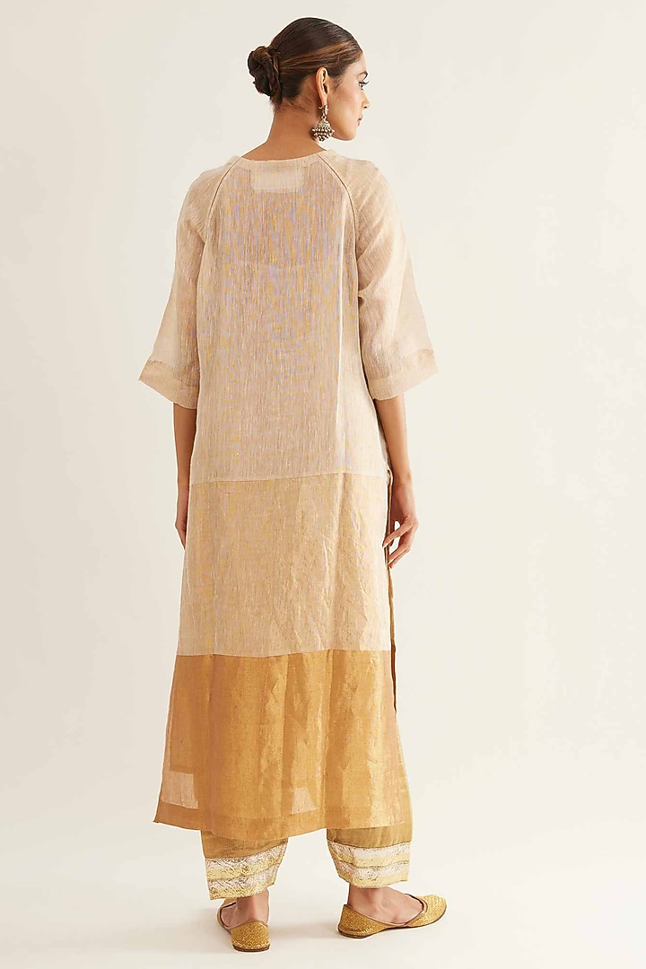 Beige & Gold Pure Tissue Linen Kurta Set by Sihali Jageer at Pernia's Pop Up Shop
