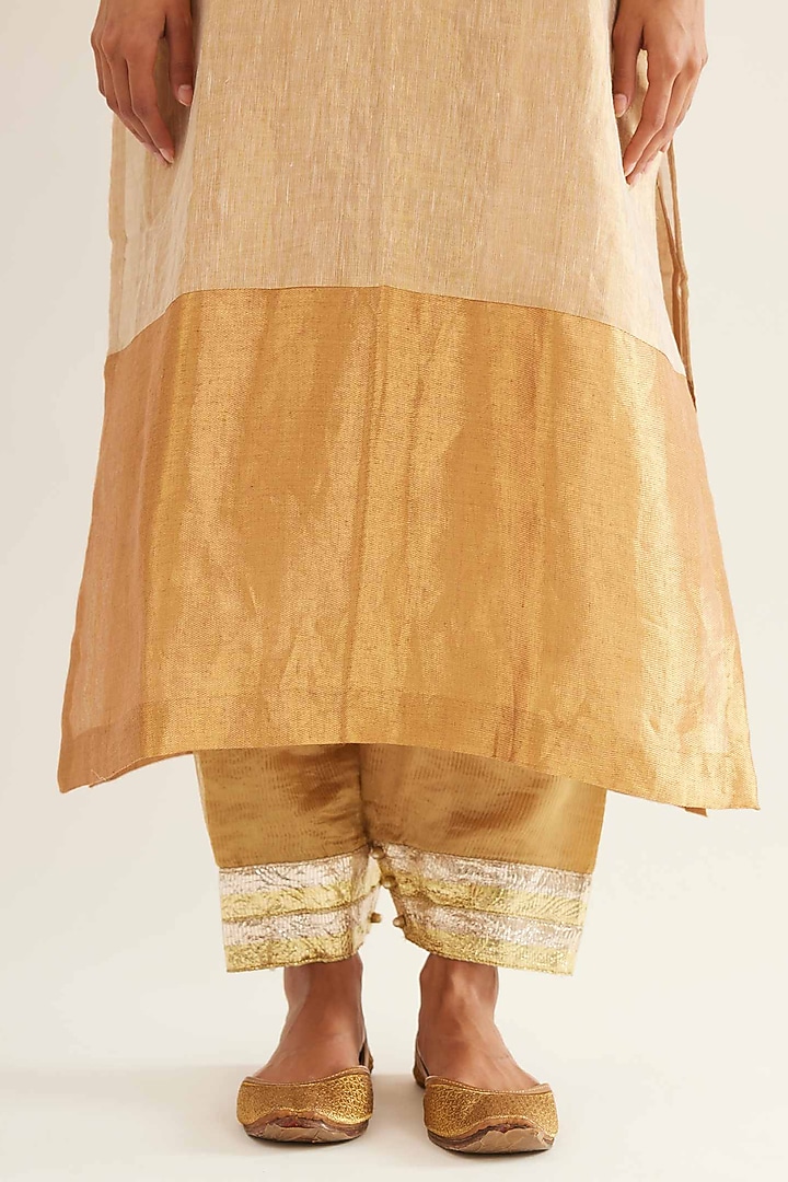 Beige & Gold Pure Tissue Linen Kurta Set by Sihali Jageer at Pernia's Pop Up Shop