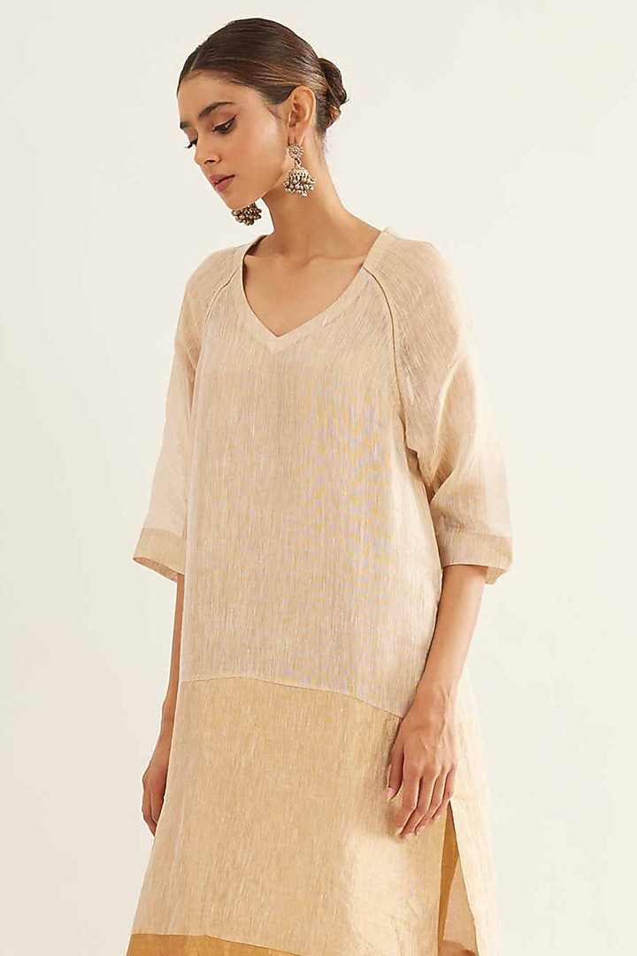 Beige & Gold Pure Tissue Linen Kurta Set by Sihali Jageer at Pernia's Pop Up Shop