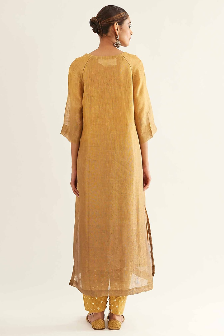 Beige & Gold Pure Tissue Linen Kurta Set by Sihali Jageer at Pernia's Pop Up Shop