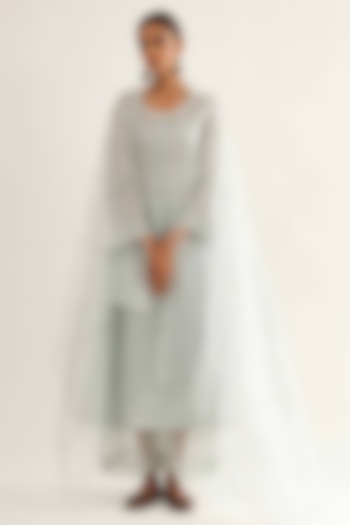 Sky Blue Maheshwari & Chanderi Embroidered Kurta Set by Sihali Jageer at Pernia's Pop Up Shop