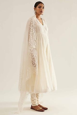 White Chanderi Angrakha Kurta Set by Sihali Jageer