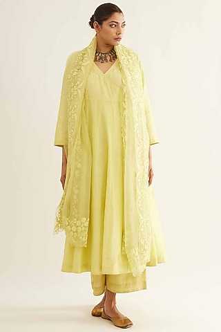 Yellow Chanderi Angrakha Kurta Set by Sihali Jageer