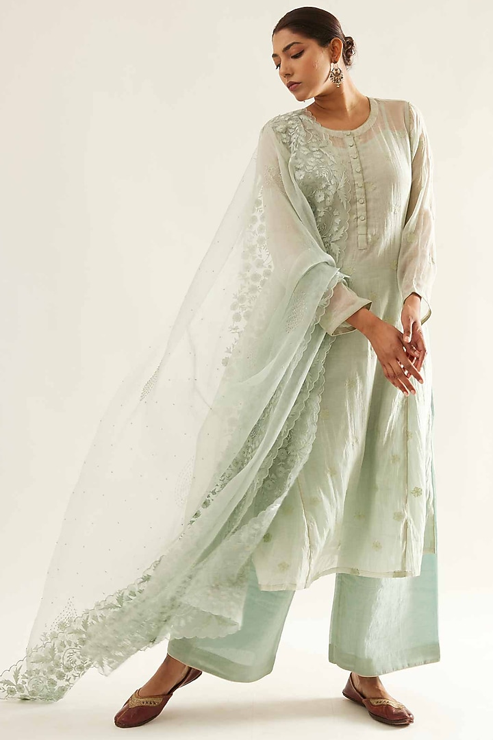 Blue Chanderi Embroidered Kalidar Kurta Set by Sihali Jageer at Pernia's Pop Up Shop