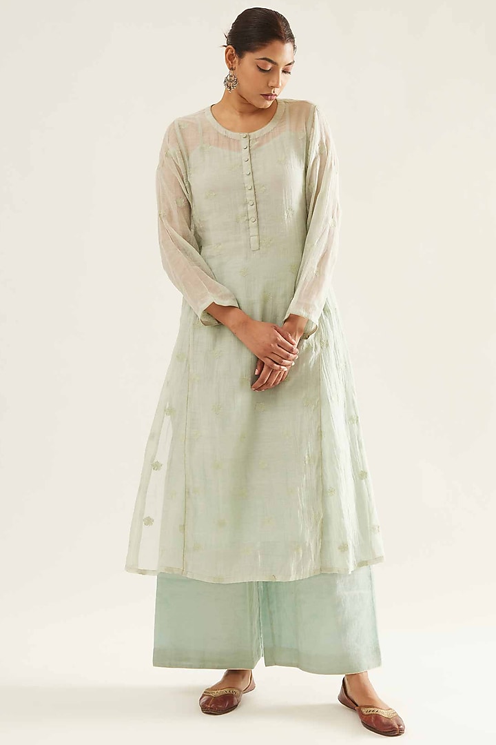 Blue Chanderi Embroidered Kalidar Kurta Set by Sihali Jageer at Pernia's Pop Up Shop