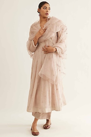 Pink Chanderi Boota Embroidered Angrakha Kurta Set by Sihali Jageer