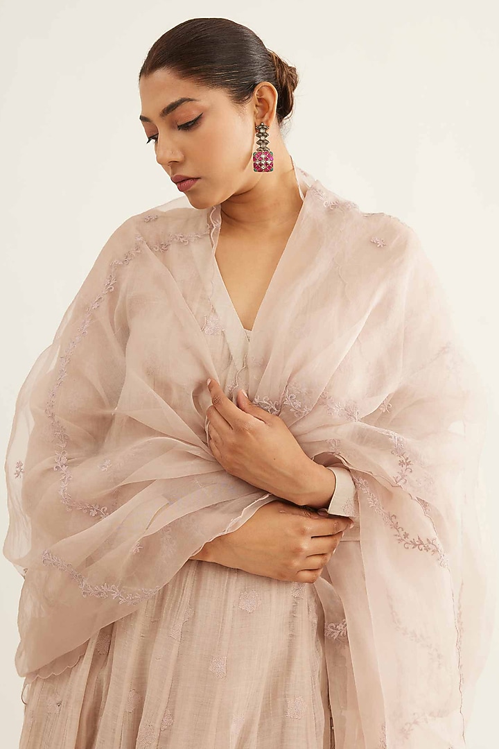 Pink Chanderi Boota Embroidered Angrakha Kurta Set by Sihali Jageer at Pernia's Pop Up Shop