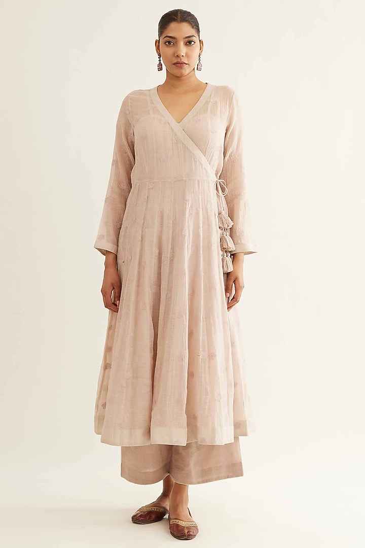 Pink Chanderi Boota Embroidered Angrakha Kurta Set by Sihali Jageer at Pernia's Pop Up Shop