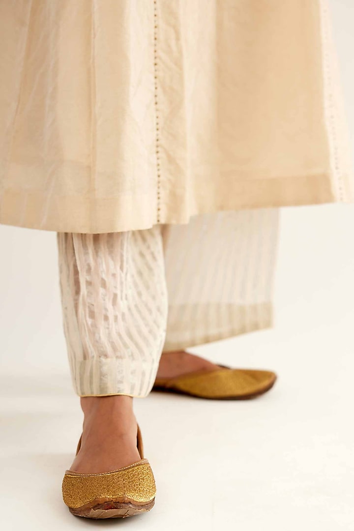 Gold & Beige Chanderi Stripe Kurta Set by Sihali Jageer at Pernia's Pop Up Shop