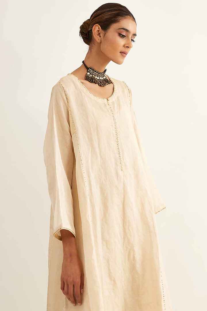Gold & Beige Chanderi Stripe Kurta Set by Sihali Jageer at Pernia's Pop Up Shop