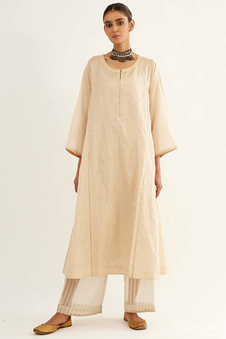Gold & Beige Chanderi Stripe Kurta Set by Sihali Jageer at Pernia's Pop Up Shop