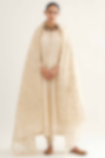 Beige & Silver Chanderi Stripe Kalidar Kurta Set by Sihali Jageer at Pernia's Pop Up Shop