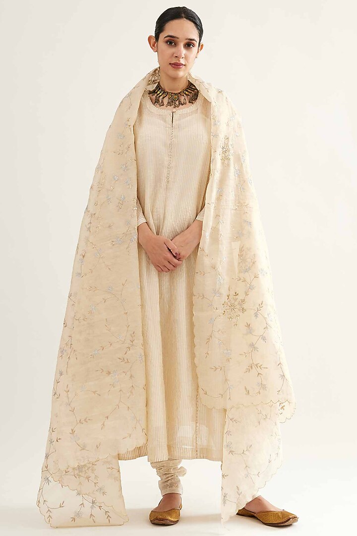 Beige & Silver Chanderi Stripe Kalidar Kurta Set by Sihali Jageer at Pernia's Pop Up Shop