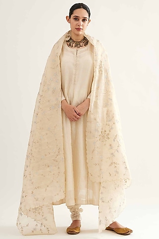 Beige & Silver Chanderi Stripe Kalidar Kurta Set by Sihali Jageer