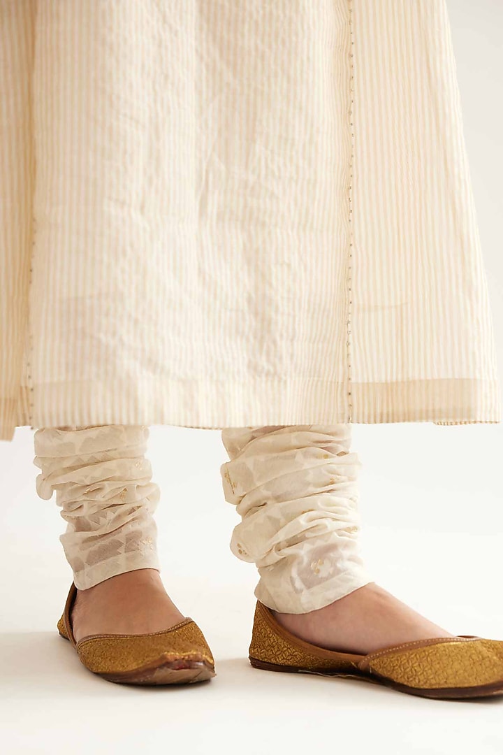 Beige & Silver Chanderi Stripe Kalidar Kurta Set by Sihali Jageer at Pernia's Pop Up Shop